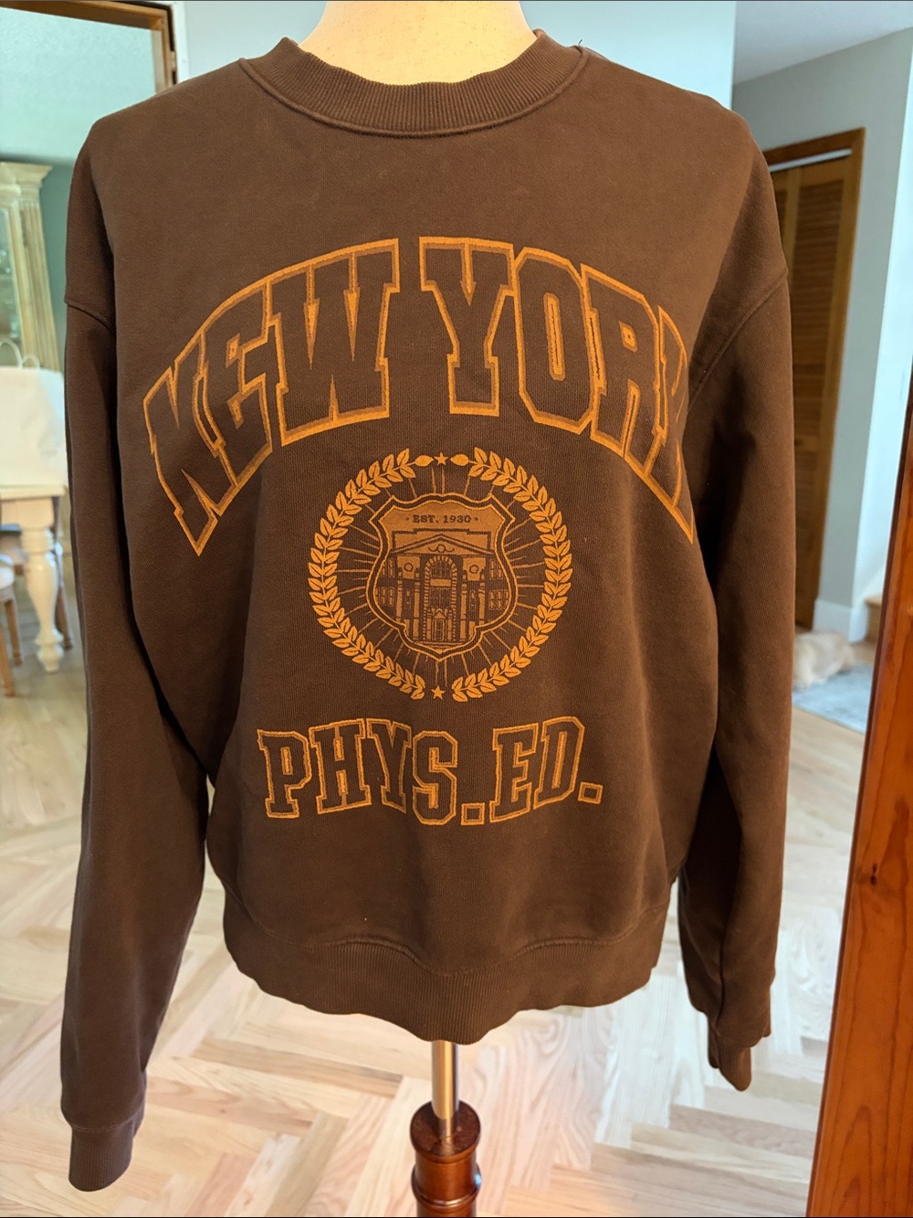 H&M Brown Crewneck Sweatshirt with Gold Collegiate Graphic